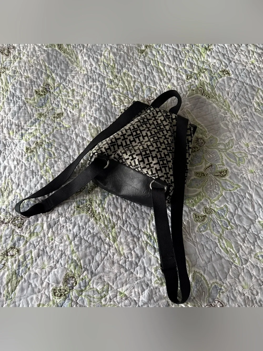 Tommy Hilfiger Monogram Logo Mini Backpack with Cotton Straps and Silver Tone Ha